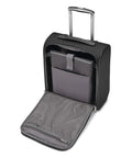 Open view of Solyte DLX Softside Underseat Luggage With Smart Sleeve, Right Height Pull System, and compartments, Midnight Black.