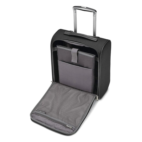 Open view of Solyte DLX Softside Underseat Luggage With Smart Sleeve, Right Height Pull System, and compartments, Midnight Black.