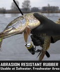 A3 Cut Resistant Gloves With Nitrile Grip Coating For Fishing And Woodworking, Black X Large, holding a fish with a lure
