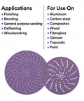 Image of Hookit Clean Sanding Disc 732U 120 Plus Grit Vacuum Sanding Disc with applications and materials listed.