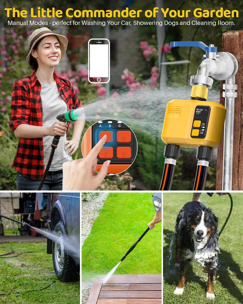 WiFi Water Timer For Garden Hose No Fuss Two Zone With Smart Sprinkler Control 984 Ft RF Range Brass Inlet App And Voice Control Rain Delay Automatic And Manual Irrigation in use