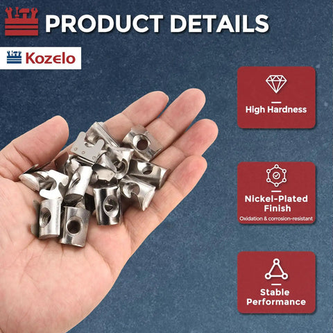 Heavy Hitter Roll In Spring T Nuts 30 Pack M6 Thread, steel fasteners in a hand for 4040 aluminum extrusion frames.
