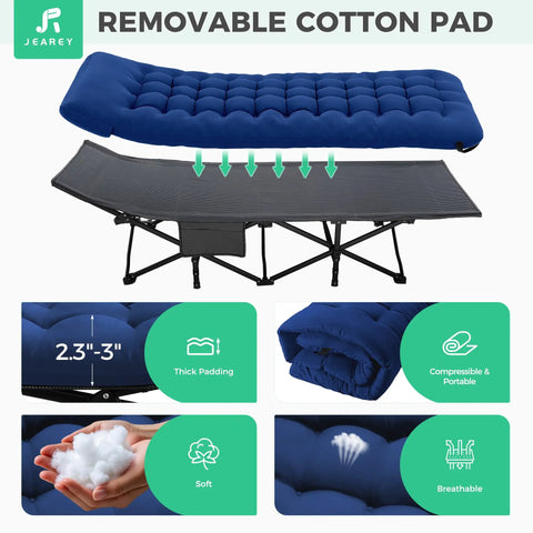 Extra Wide Camping Cot for Adults With Mattress, removable cotton pad, thick padding, portable design, navy color