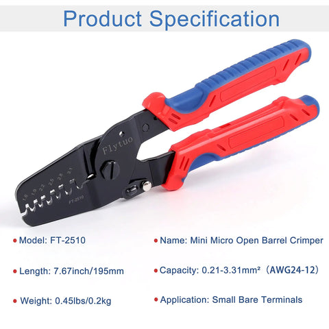 Open Barrel Wire Crimper For JAM Molex Tyco JST Connectors Works With AWG24-12 tool with red and blue handles on white background