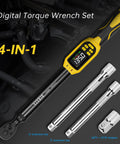 Pro Grade Digital Torque Wrench Three Eighths Inch Drive With Five To Ninety Nine Point Five Foot Pounds Range Plus One Percent Accuracy Smart Alert Multi Electric Torque Tool For Bike Motorcycle And Car Includes Extension Bars For Tight Spaces with digital display and extension bars