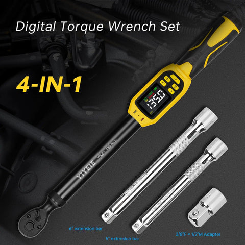 Pro Grade Digital Torque Wrench Three Eighths Inch Drive With Five To Ninety Nine Point Five Foot Pounds Range Plus One Percent Accuracy Smart Alert Multi Electric Torque Tool For Bike Motorcycle And Car Includes Extension Bars For Tight Spaces with digital display and extension bars