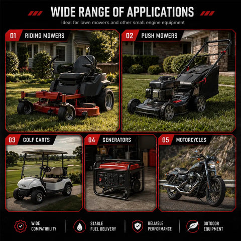 Wide range of applications for Top Shelf Precision Fuel Pump For Lawn Mower Engine, showing riding mowers, push mowers, golf carts, generators, and motorcycles.