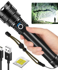 Hand holding 900000 Lumen Rechargeable Flashlight With USB Charging, XHP70.2 LED Handheld Spotlight For Emergencies, Camping, IP67 Waterproof