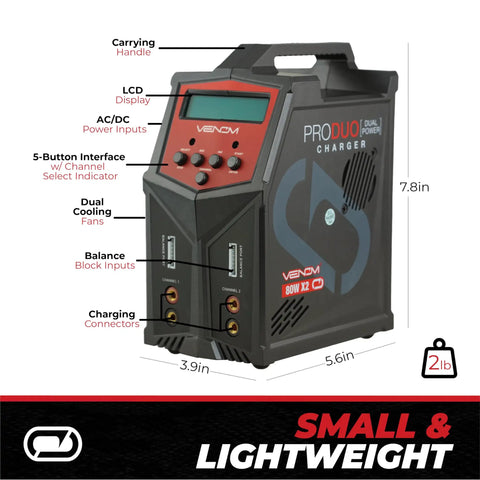 Power Pro Duo LiPo Battery Charger With LCD Screen, dual 80W ports for LiPo LiHV LiIon, showing carrying handle and LCD display