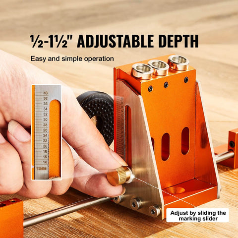 Person adjusting Pocket Hole Jig Kit Set With 34 Pieces For DIY Woodworking Projects 11 Inch C Clamp Fixture depth gauge