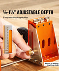 Close-up of a 34 Piece Pocket Hole Jig Kit With Toolbox Adjustable Versatile Pocket Hole Jig Set featuring adjustable depth settings.