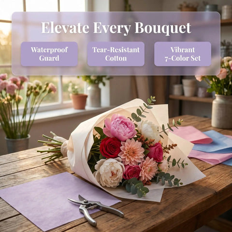 Waterproof Bouquet Wrapping Paper 266 Sheets With Easy Pullout Tissue For Flowers And Florist Arrangements on table with bouquet
