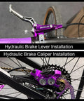 Bucklos MTB hydraulic brake lever and caliper set, purple aluminum lever, 4-piston front/rear disc brakes.