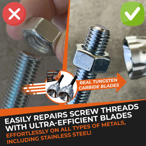 2X No-Nonsense Deburring External Chamfer Tool With Tungsten Carbide Blade repairing a screw thread on a metal rod