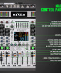 Main control panel of 12 Channel Professional Audio Mixer For Podcast, Live Sound, And Studio Use With XLR Inputs, Bluetooth, USB Interface