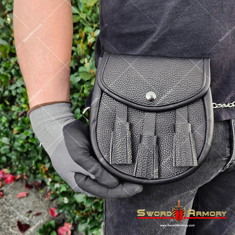 Dope Renaissance Scottish Medieval Faux Leather Sporran Pouch Bag Black With Adjustable Strap For Larp Cosplay Belt Carry