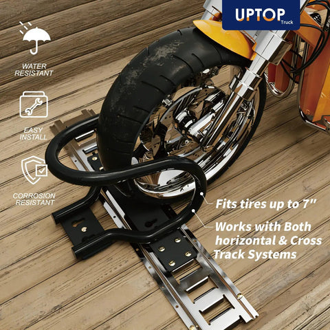 Heavy-Duty Steel Wheel Chock For E-Track And X-Track Systems, Fits Up To 7-Inch Wide Motorcycle Tires, installed on track system