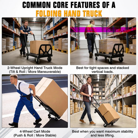 Heavy Duty Folding Hand Truck With Four Wheel Mode And Two In One Collapsible Push Cart And Fold Up Toe Plate for 300lbs hauling