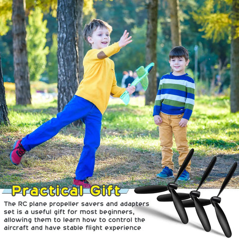 Kids playing outdoors with RC plane next to Three Sets Spare RC Plane Propellers 3 Blade Pack Compatible With 76111 BF109