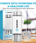Portable Hydrogen Water Bottle With SPE PEM Tech Ionized Water On The Go 420 Ml Hydrogen Infusion and packaging displayed