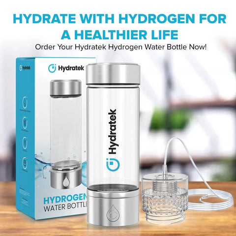 Portable Hydrogen Water Bottle With SPE PEM Tech Ionized Water On The Go 420 Ml Hydrogen Infusion and packaging displayed