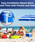 Easy Install Sand Umbrella Anchor 2 Pack For Beach Day Must Haves with white auger and group on beach enjoying shade