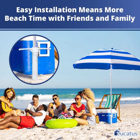 Easy Install Sand Umbrella Anchor 2 Pack For Beach Day Must Haves with white auger and group on beach enjoying shade