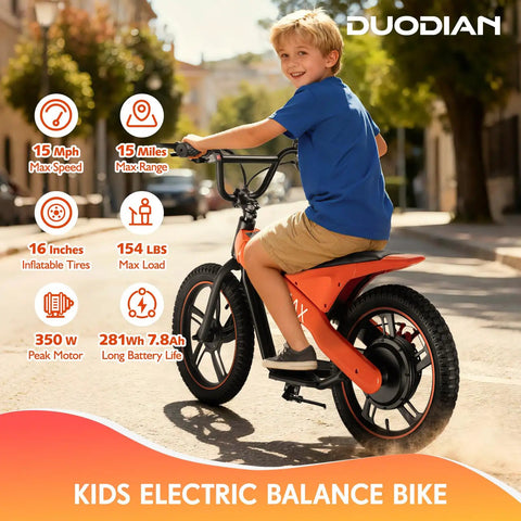 Kids Electric Bike With 350W Motor 36V 7.8Ah Battery Zippy Up To 15.5 MPH, 15 Mile Range, 16 Inch Pneumatic Tires, Off Road Balance Bike For Ages 6 And Up, Youth All Terrain Electric Bicycle; child riding orange frame