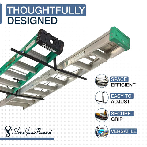 Overhead Ladder Rack For Garage Adjustable Ceiling Mounted Shelf To Store Step And Extension Ladders Off The Floor Heavy Duty Steel Construction Space Saving Garage Organizer Holds Up To 150 Lbs