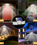 All in One Ultra Bright Solar Motion Sensor Lights Outdoor With Three Adjustable Heads illuminating doorway, garden, steps, garage