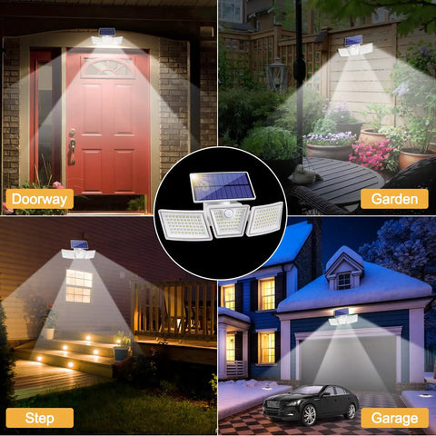 All in One Ultra Bright Solar Motion Sensor Lights Outdoor With Three Adjustable Heads illuminating doorway, garden, steps, garage