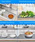 Silicone Sink Protector Mat For Kitchen Sink 28.25 X 15.25 Inches, Fits Farmhouse Stainless Steel And Porcelain Sinks, Rear Drain Hole displayed with cookware and vegetables