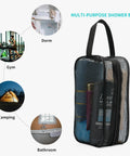 Mesh Shower Caddy Bag For Bathroom, Gym, Camping And Travel with toiletries, multi-purpose use depicted