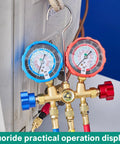 HVAC Manifold Gauge Set With Brass Body And Explosion Proof Lens, 3ft Hoses And R410A Adapters, installed on system