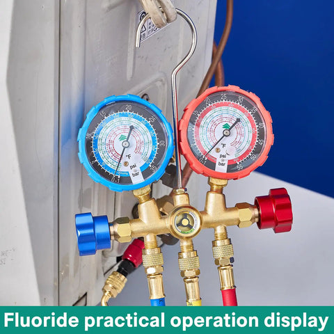 HVAC Manifold Gauge Set With Brass Body And Explosion Proof Lens, 3ft Hoses And R410A Adapters, installed on system