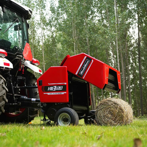 Hay Baler And Hay Rake Tedder Combo HB3120 HT100 Pro Grade Setup baling hay in field, showcasing compact design with bale and tractor.
