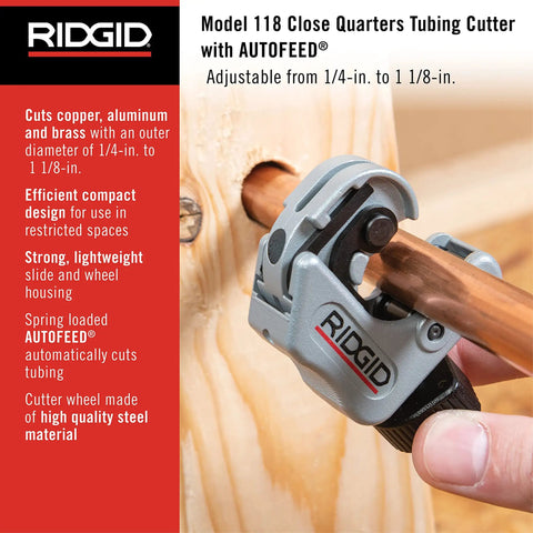 Model 118 Compact Auto Feed Tubing Cutter for tight spaces cutting copper tubing, close quarters tool with self-feeding wheel.