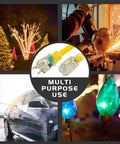 Collage showing uses of Weatherproof Indoor Outdoor Power Cord 10Ft Lighted End 12 Gauge Heavy Duty with lights and tools.