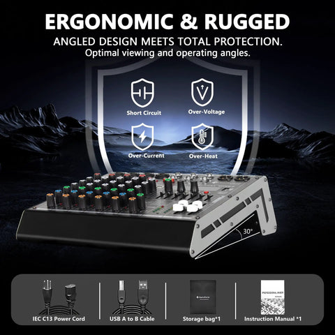 Six Channel Audio Mixer With 48V Phantom Power, 99 DSP Effects, angled view showing ergonomic design and included accessories