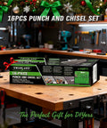Versatile 16 Piece Punch And Chisel Set With Pro Grade Taper Punch Pin Center Punches Cold Chisels And Gauge box on workshop table