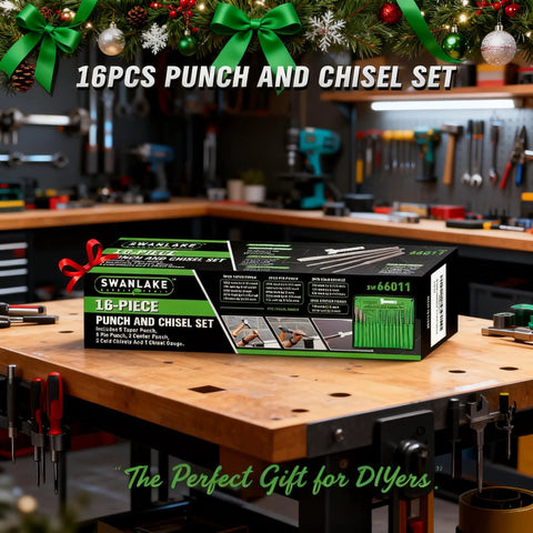 Versatile 16 Piece Punch And Chisel Set With Pro Grade Taper Punch Pin Center Punches Cold Chisels And Gauge box on workshop table