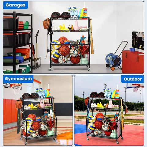 Garage Sports Gear Organizer Rack With Steel Construction Basketball Rack With Bat Holder And Hooks in garage, gym, outdoor.