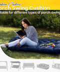 Woman sitting on blue memory foam porch swing cushion with headrest, suitable for 60 inch by 40 inch two to three seater, outdoor use.