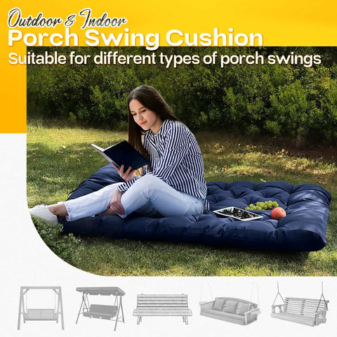 Woman sitting on blue memory foam porch swing cushion with headrest, suitable for 60 inch by 40 inch two to three seater, outdoor use.