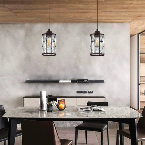 Dining room with two Three Pack Crystal Shade Pendant Lights for Kitchen Island Chrome Finish 4.75 Inch Hanging Fixture Modern Bar