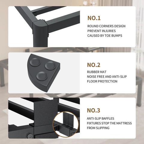 Heavy Duty Twin Bed Frame Built Different With Round Corner Legs And Mattress Slide Stopper Solid Steel Framework features round corners, rubber mat, and anti-slip baffles.