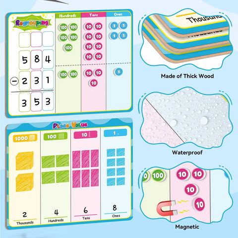 Hands On Wooden Magnetic Place Value Blocks For Kids With Regrouping Base Ten Chips, Addition And Subtraction Math Games