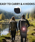Two hikers with backpacks, one carrying Foldable 30W Solar Panel Charger For Camping And Hiking With IP65 Waterproof ETFE Panel.