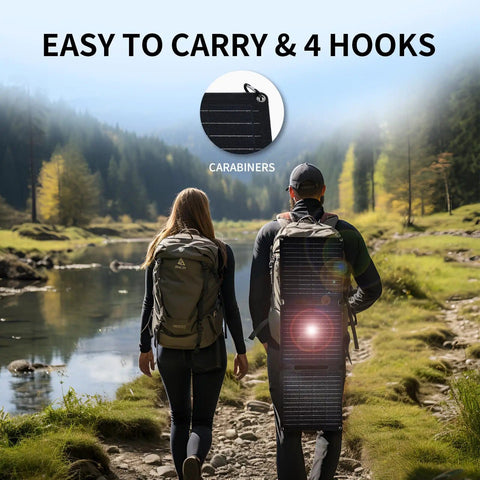 Two hikers with backpacks, one carrying Foldable 30W Solar Panel Charger For Camping And Hiking With IP65 Waterproof ETFE Panel.