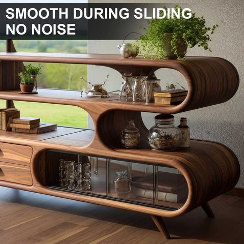 Wooden shelving unit with smooth sliding doors, displaying glass jars and plants. Mid-century modern design, ideal for living rooms.
